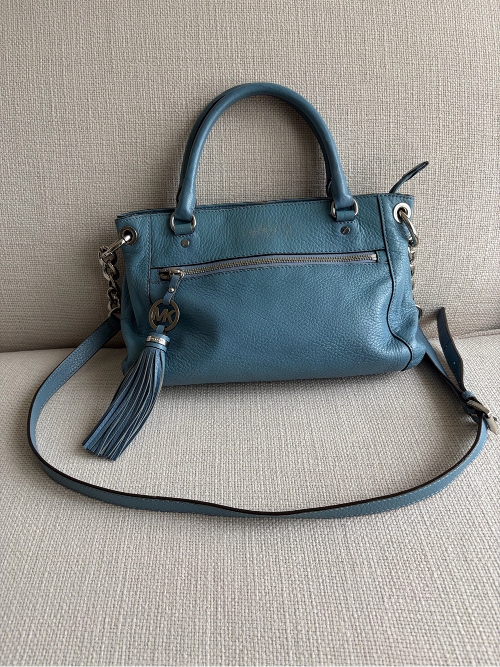 Michael Kors Teal Leather Satchel with Tassel Charm
